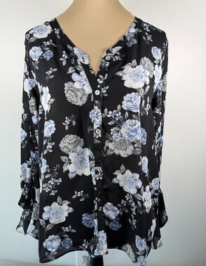 Emaline Womens Bell Sleeve Floral Blouse M Black Blue Rose Print Button Front